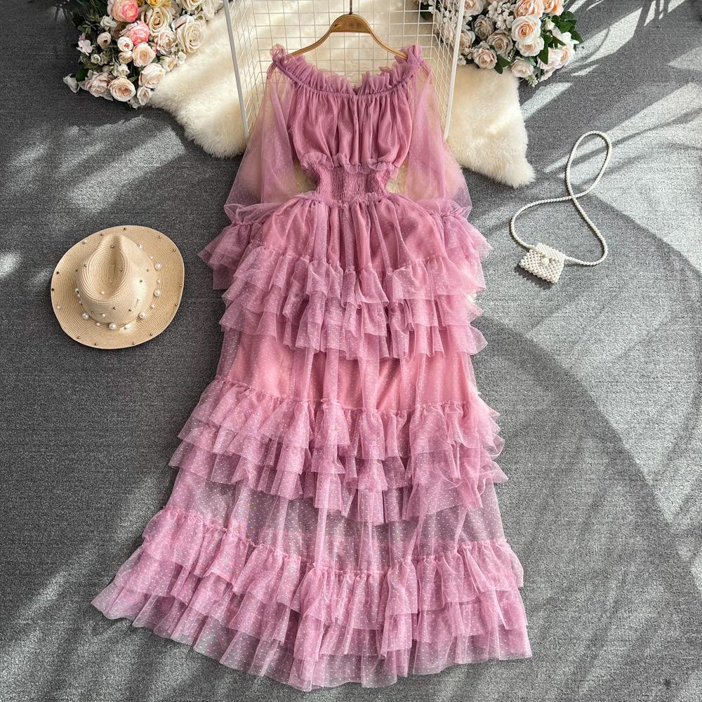 High Street Cake Mesh Party Dress Women Off the Shoulder Tierred Elastic Sundress Polka Dot Lace Maxi Dress