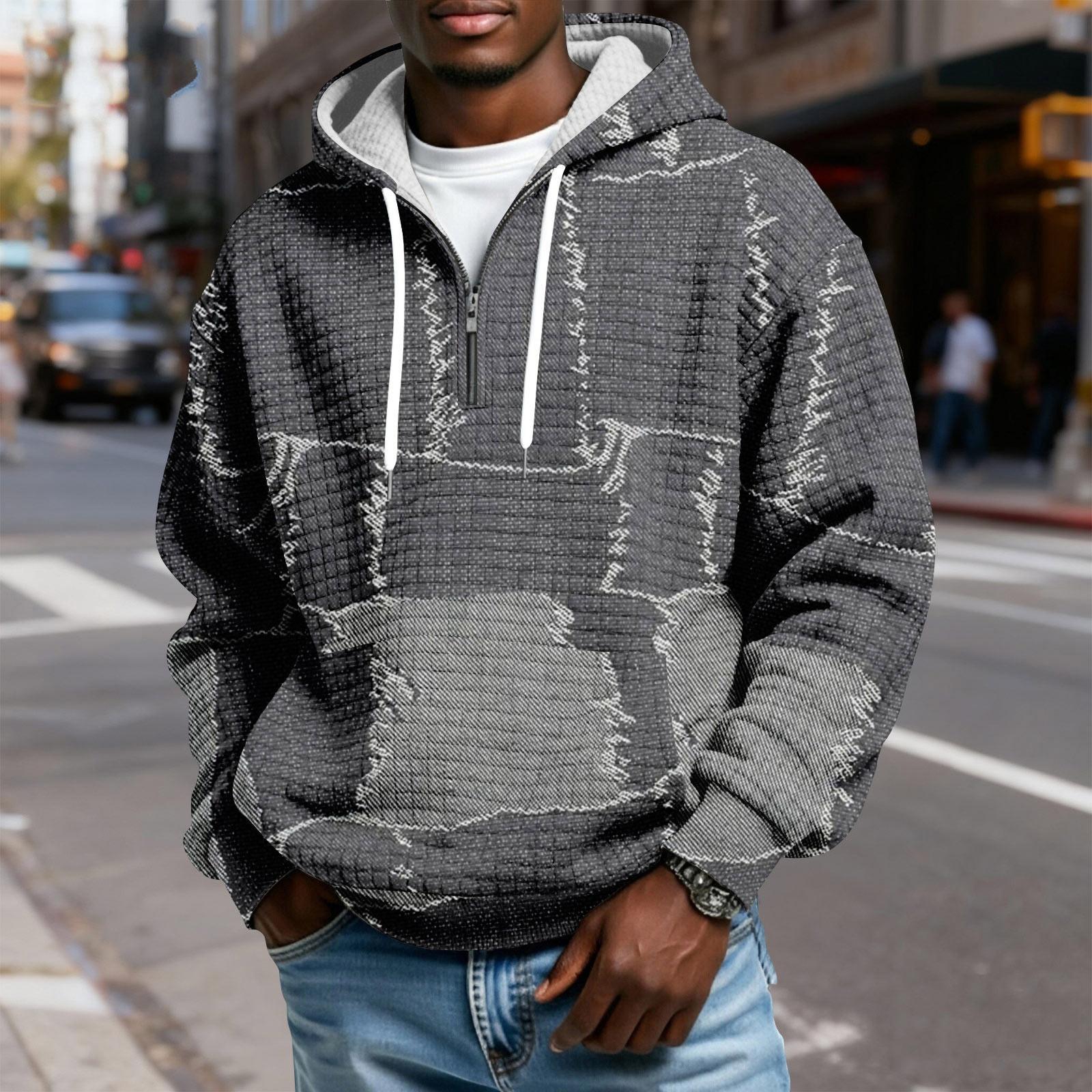 

Men s Half-Zip Hooded Plaid Pullover Drawstring Print Casual Sports Sweatshirt XXL чёрный