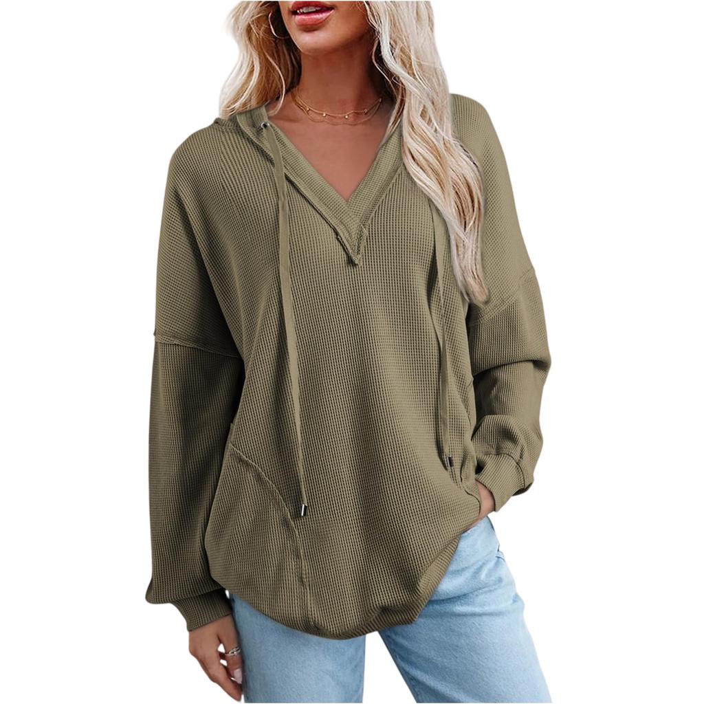 Women's Solid Color Sweater Hooded V-neck Strip Loose Pocket Pullover Top