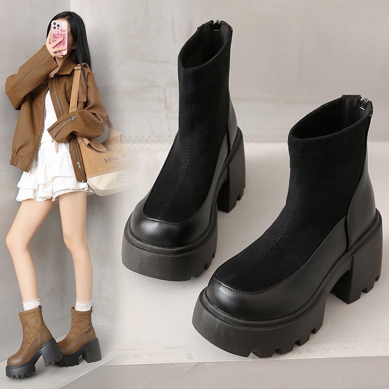 Autumn and winter new small thick-soled heightened piled thick heel thin short boots retro Martin boots women's British style
