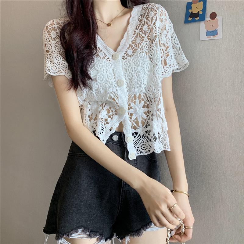 Women's French V-Neck Crochet Knit Cardigan - Chic Summer Fashion, Slimming Loose Fit, Versatile Top
