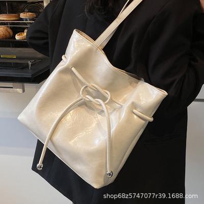 Korean Lazy Style Large Capacity Tote Bag Women's Strap Bow Pleats Oil Wax Leather Shoulder Bag Blue Bucket Bag