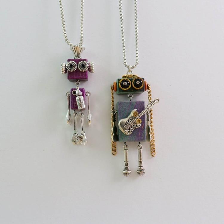 DIY Wooden Robot Pendant Necklace Unisex Clavicle Chain Punk Chokers for Women