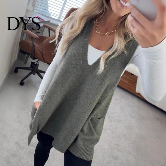 Sand Line Texture Vest Women Sweater V-neck Sleeveless Pockets Mid-length Knitting Jumper Tops Solid Color Autumn Winter Casual Knitwear Season