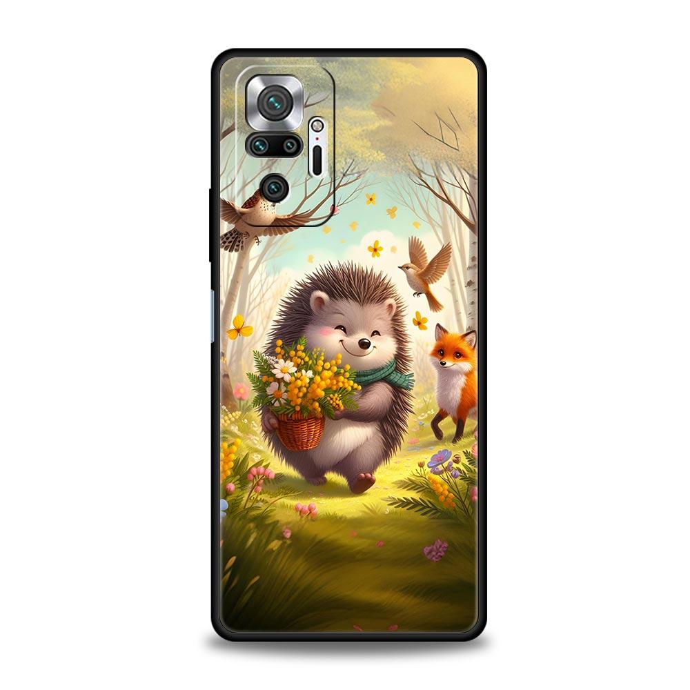 Autumn Cute Hedgehog Design Phone Case For Xiaomi Redmi Note 14 13 5G 10 11 12 Pro Plus 4G 14C 13C 12C 10C Black Cover