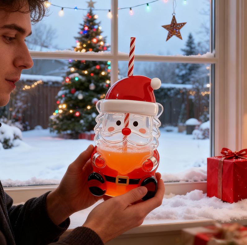 Christmas-themed Glass Straw Cup With Cute Transparent Design And A Green Hat - An Adorable Water Bottle.