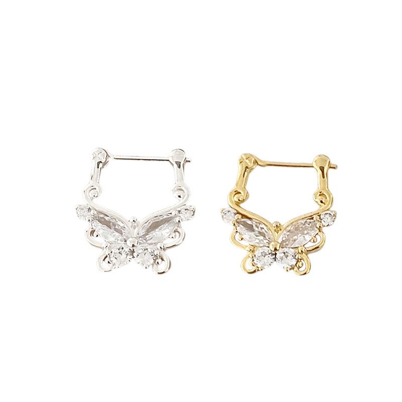 French Butterfly Zircon Ear Buckle Women'S Retro Hollow Short Earrings Personalized Street Shot Cold Wind Light Luxury Temperament Earrings
