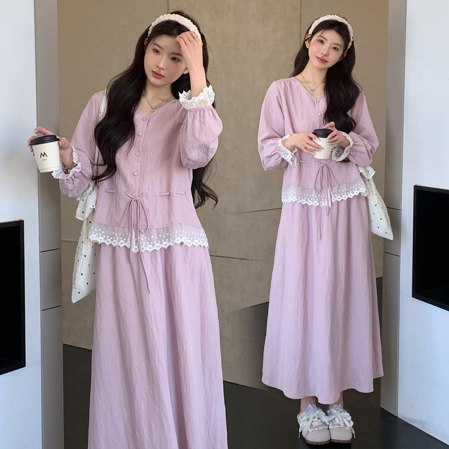 Korean Style Maternity Lace Patchwork Two-Piece Shirt Set Extra Large