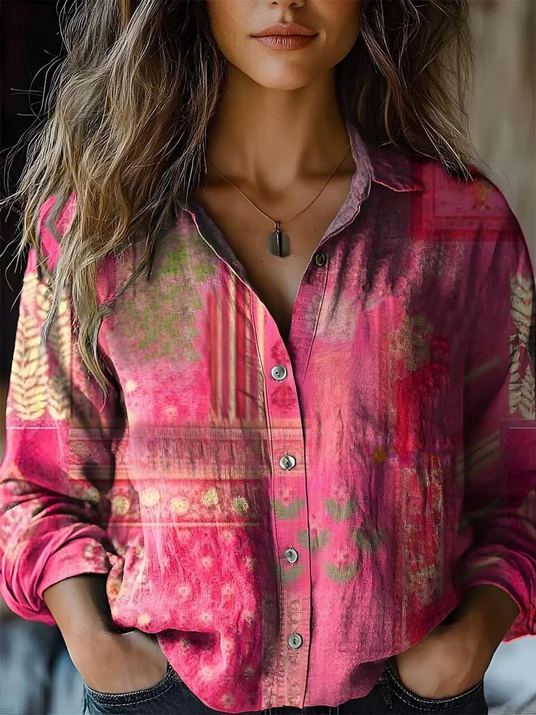 2025 Women's Retro Print Long Sleeve Casual Shirt - Spring/Summer Cotton-Linen Blend