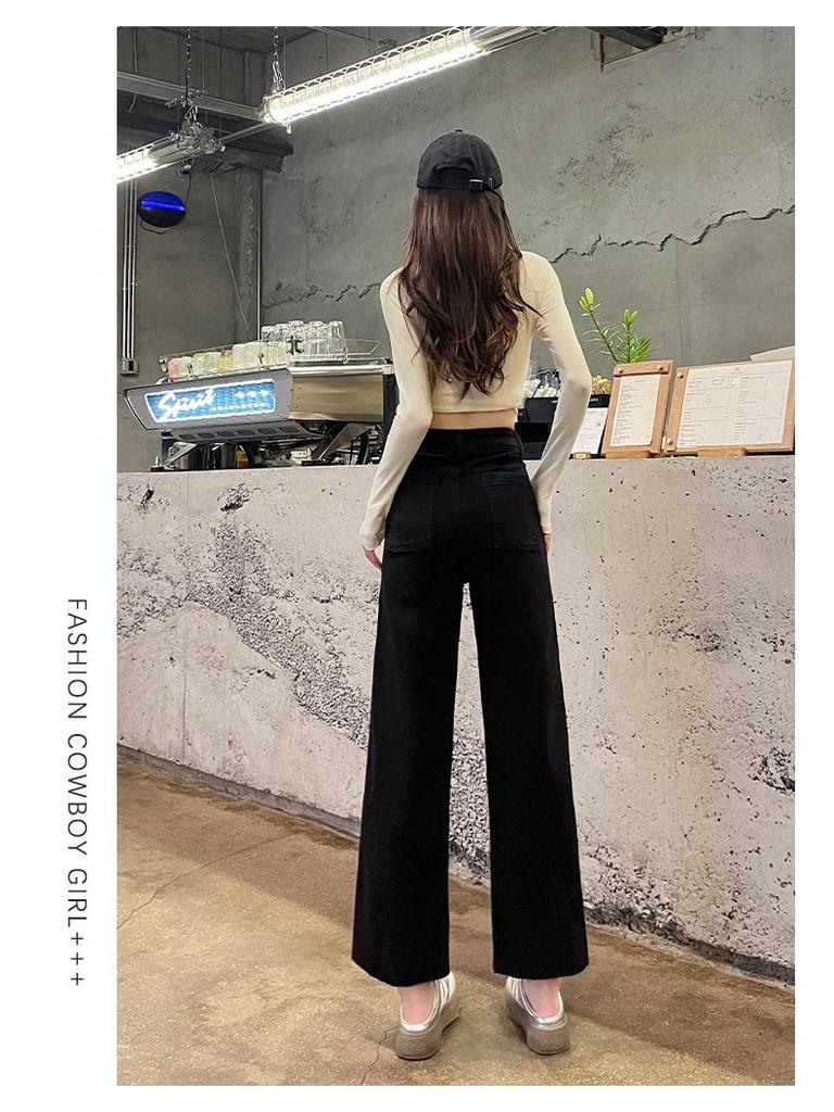 Women's High-Waisted Retro Khaki Cropped Wide-Leg Jeans with Raw Hem