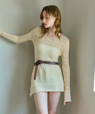 Kamino V-Neck Lace Knit Dress Beige