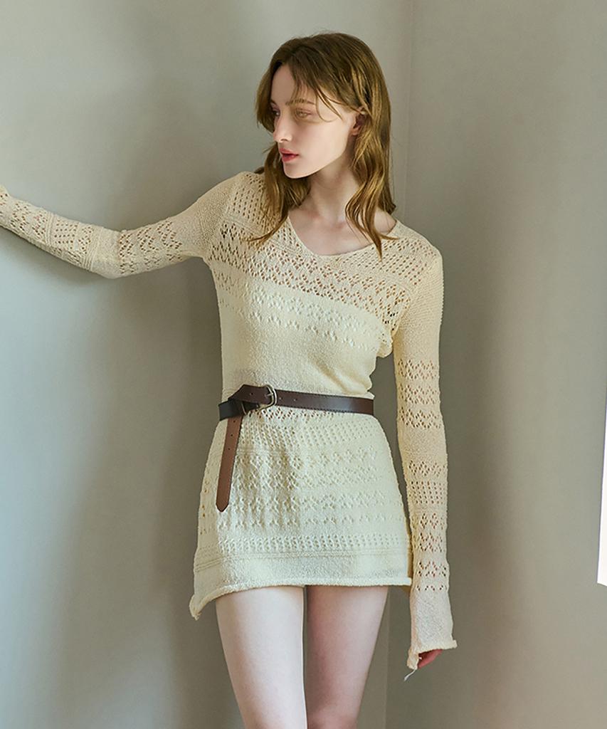 Kamino V-Neck Lace Knit Dress Beige