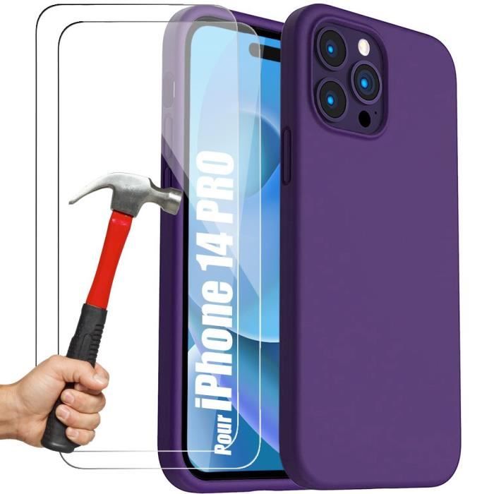 Coque pour iPhone 14 Pro Silicone Ultra Slim Violet Foncé + 2 Protection d'écran Verre Trempé