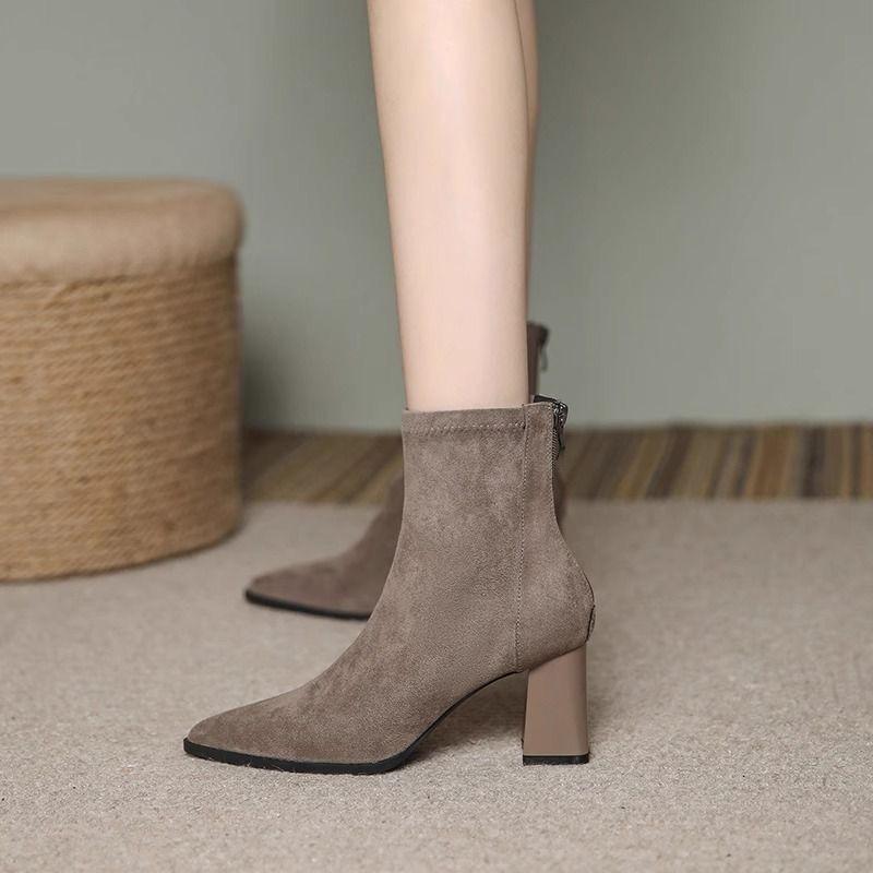 Fleece and Thin Black Thick Heel Suede Pointed High Heels Platform Short Boots Women's 2025 Autumn and Winter New Thin Boots