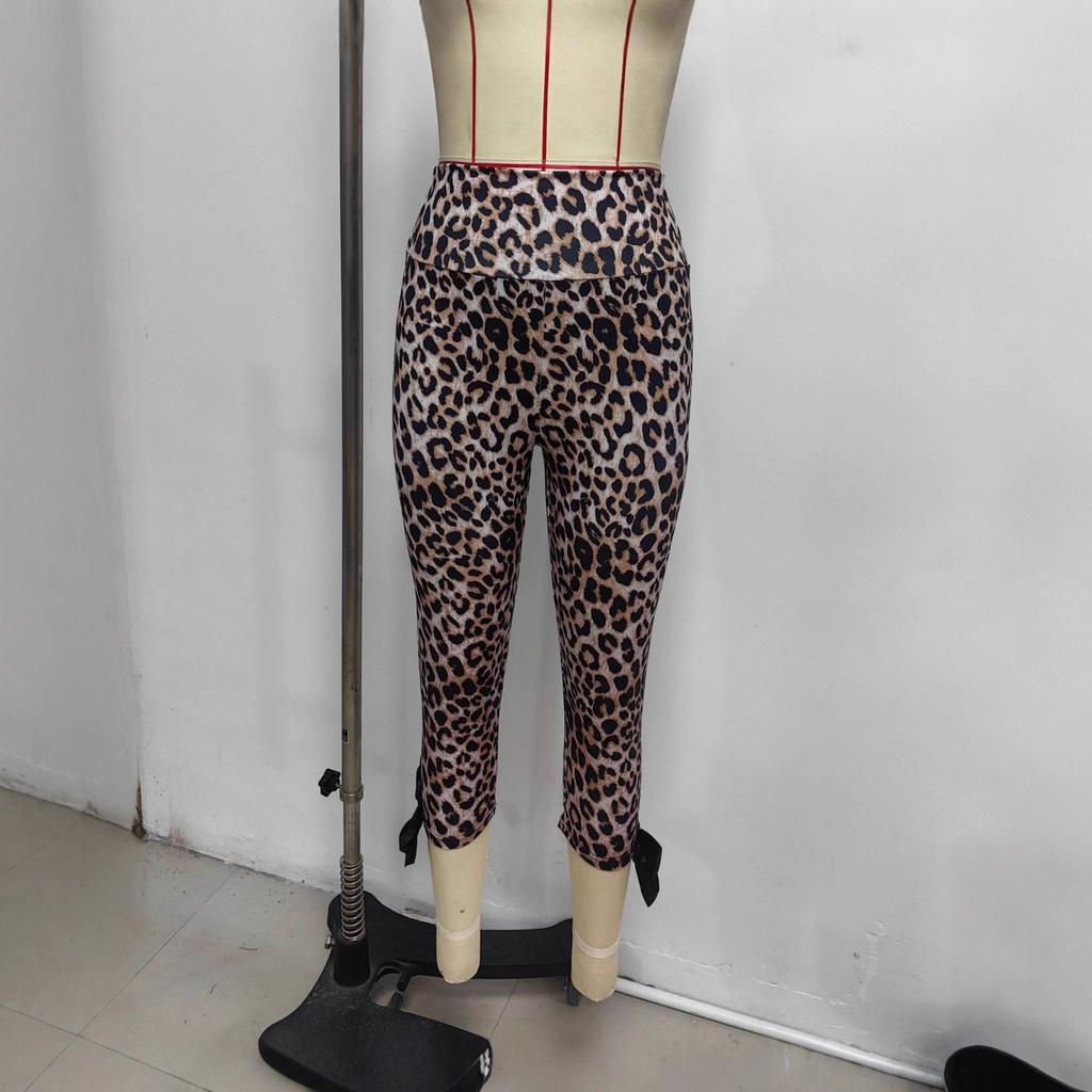 Women's High Waist Seven Eighth Length Pants Casual Leopard Print Stretch Yoga Pants