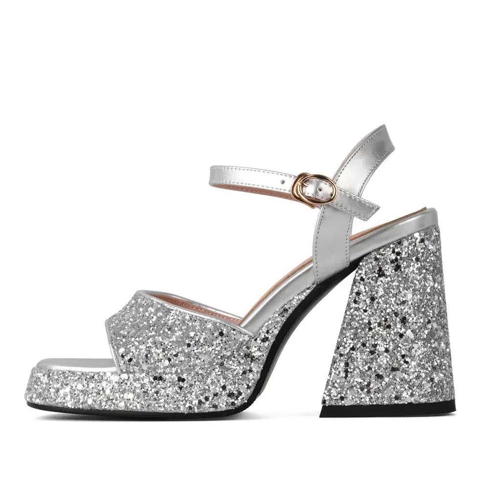 

Women Shiny Sequin Platform Sandals Silver Gold Party Shoes Summer Heels Chunky Heel Peep Toe Sequined Ladies Slides Sandalias 43 срібний