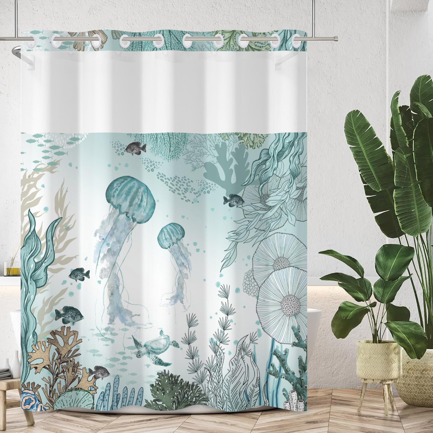 

Shower Curtain Nautical Coastal Jellyfish Shower Curtain With Snap Lining Double Layered Coral Undersea Themed Bathroom Curtain W60H190(CM)-1 Pcs