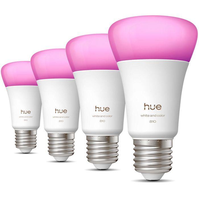 Pack de 4 ampoules LED connectées A60 - PHILIPS HUE - Lumiere blanche et colorée - Culot E27 - 6W - 1000-2000k - 810 lumens