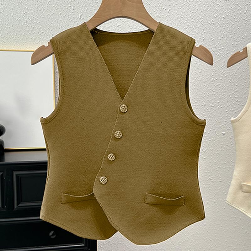 French Retro V-Neck Single-Breasted Irregular Sleeveless Slim Knitted Vest For Women