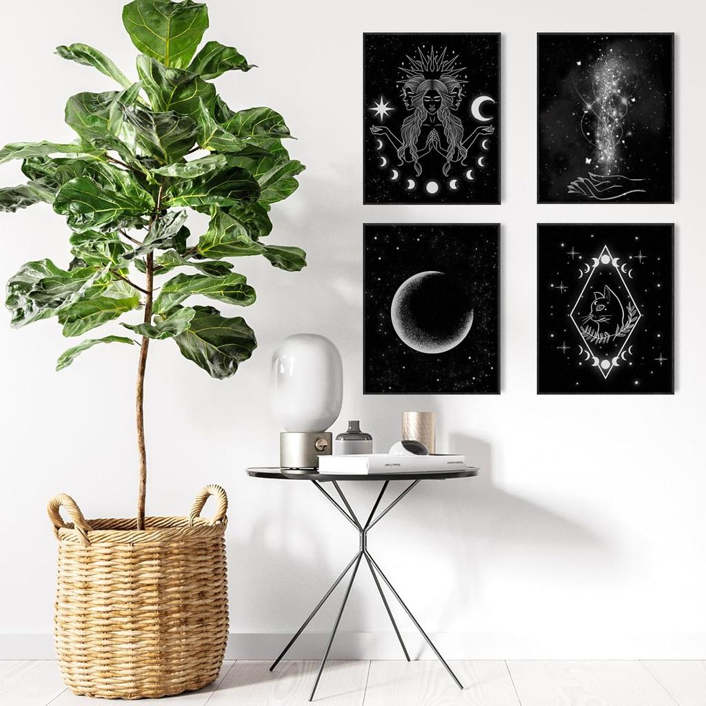 ORIGACH Moon Phases Wall Art Prints, Set of 6, Minimalist Boho Moon Phase Star Witch Wall Prints, Stars Cat Celestial Witch Art Canvas Painting,