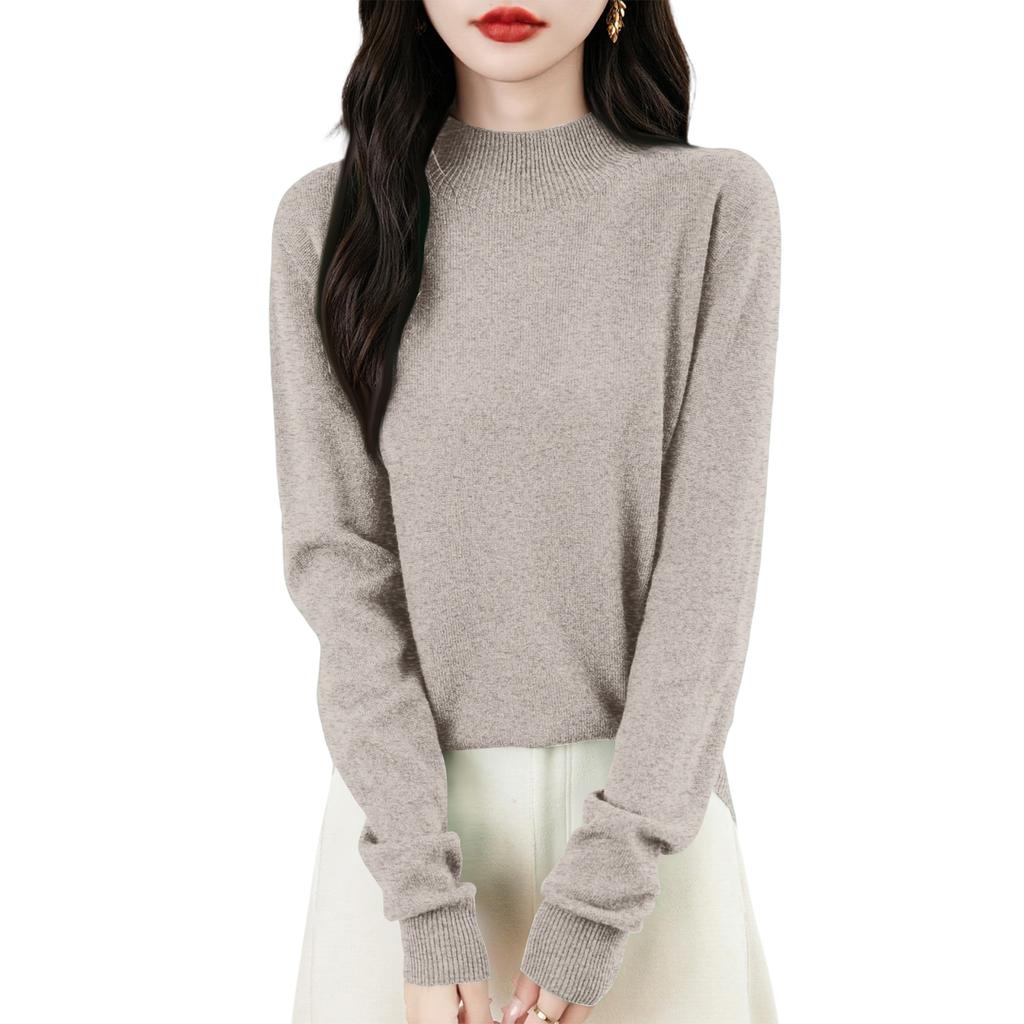 Women's Fashion Flat-Knit Half-Turtleneck Pullover Sweater Solid Color Long-Sleeve Top