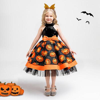 Halloween Girls Princess Spiderweb Pumpkin Fluffy Dress with Back Cutout