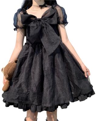 Lady Lazy Lolita Gothic Lolita Short Sleeve Chiffon One Piece Ribbon Dress Cosplay Above the Knee [Lady Lazy] (M, Black)