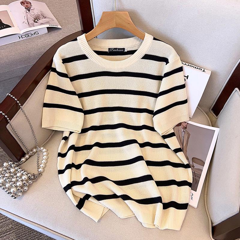 Plus Size Women's Summer Ice Silk Knit Slimming Short Sleeve Top
