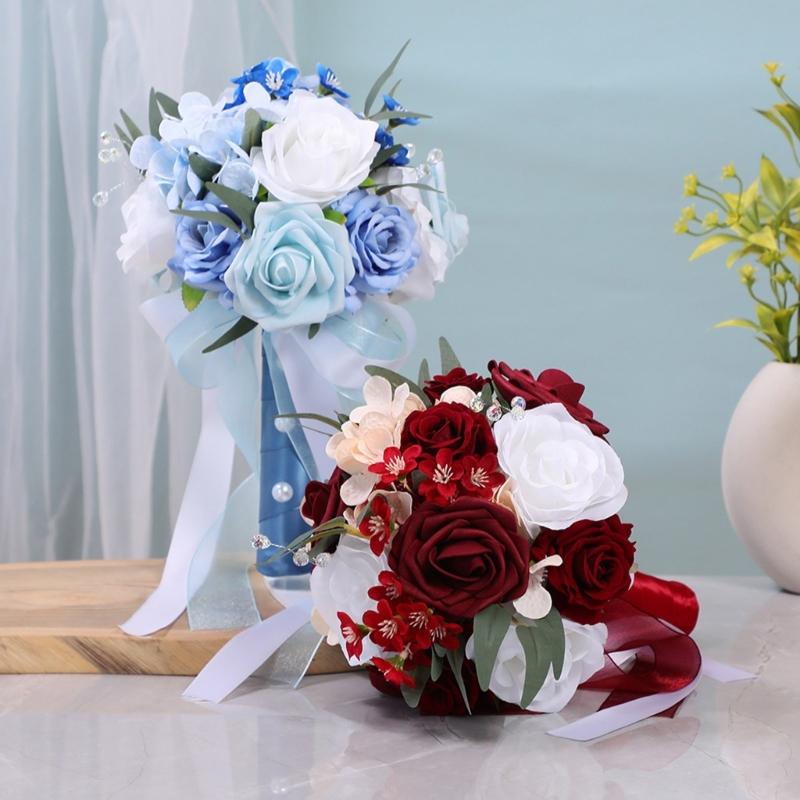 Rose Bouquet Synthetic Rose Bridal Arrangement White Blue Shades Low Care Wedding Flower Arrangement For Bride