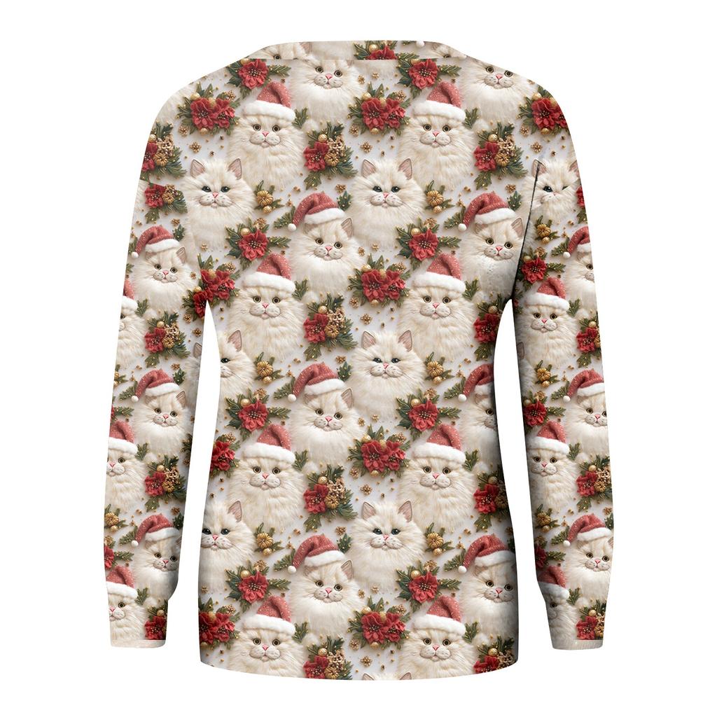 Women's Fashionable Casual Long-sleeved Retro Christmas Snowman Print Round Neck Top
