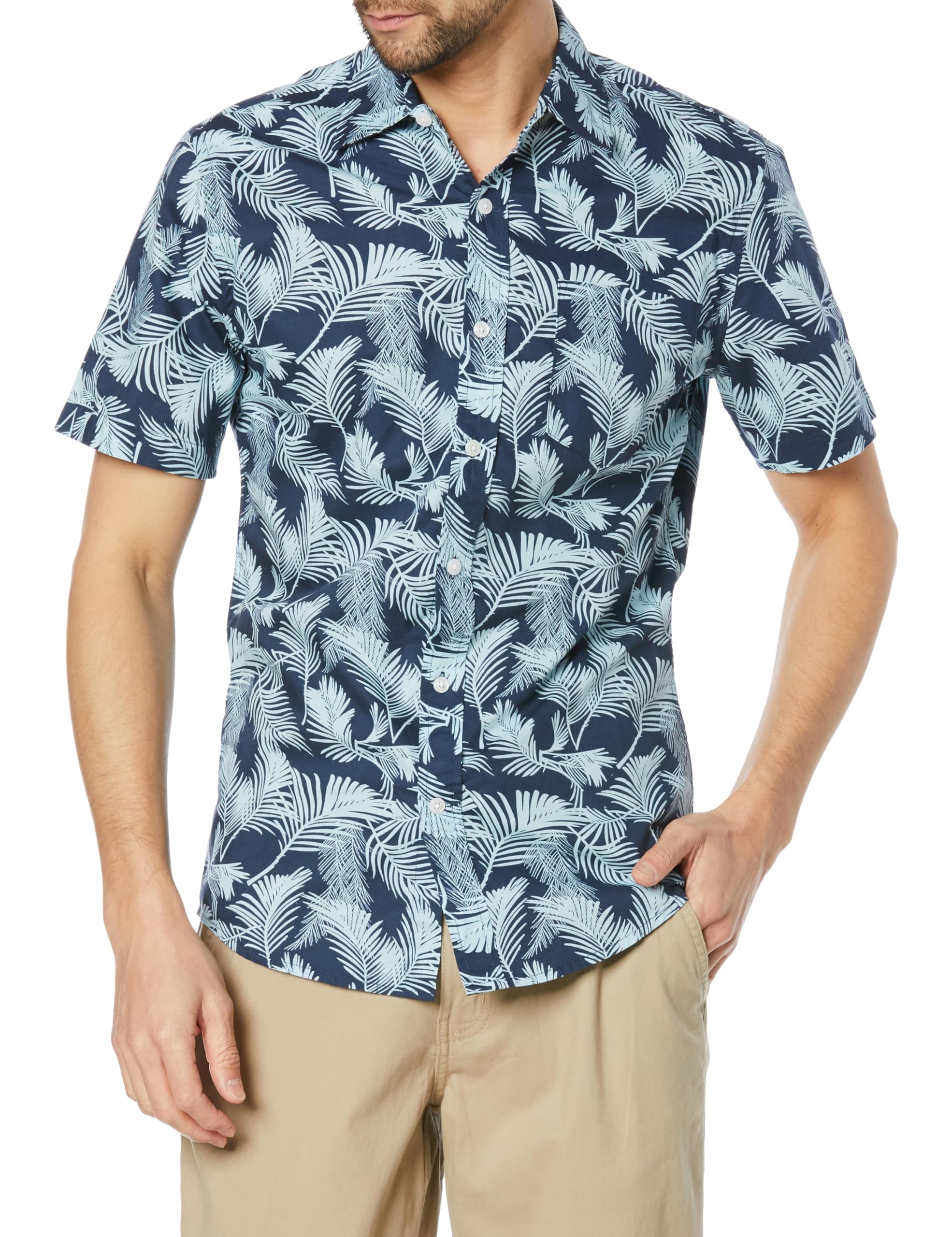 

Мужская приталенная рубашка с коротким рукавом Amazon Essentials, темно-синяя с узором из пальмовых листьев, размер S