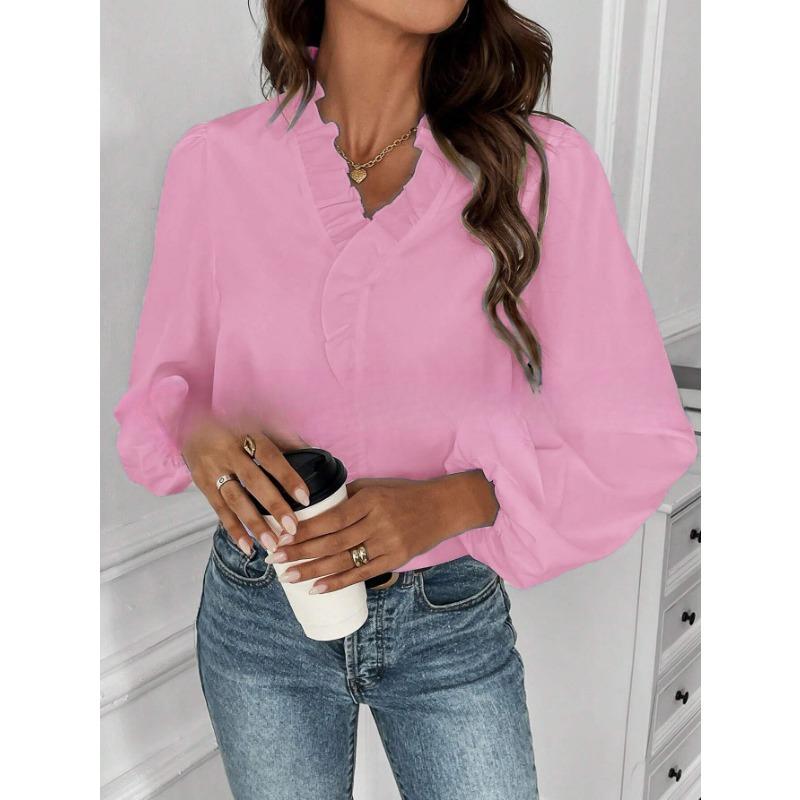 Dámská móda Ležérní jaro podzimní jednobarevné halenky a košile s dlouhým rukávem a výstřihem do V