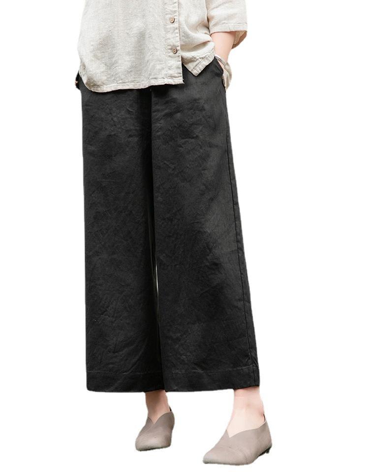 Johnature Vintage Damen Hose Lässig Gerade Neun-Punkt-Hose Sommer Elastischer Bund Schnürung Weites Bein