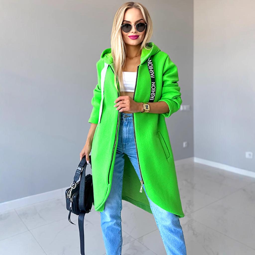 Sportovní fleecová mikina s kapucí, ležérní s dlouhým rukávem na zip, dámská nadměrná velikost, jednobarevný kabát