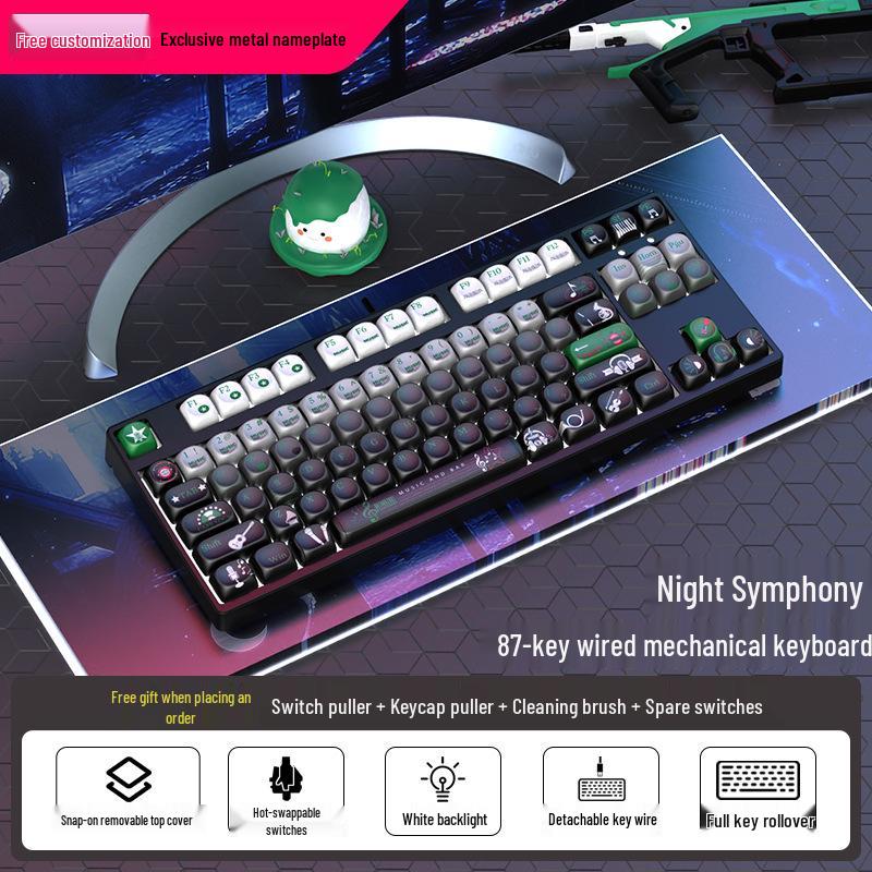 Moa Theme 87-Key Wired Mechanical Gaming Keyboard – Cute PBT Design for Office or E-sports