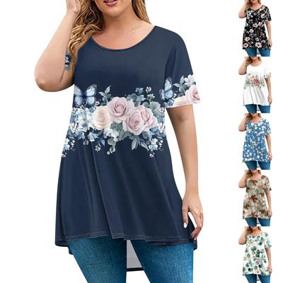 Women's Fashion Large Size Round Neck Short Sleeve Casual Print Loose Pullover Top