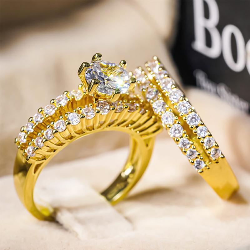 Huitan Gold Color Luxury 2Pcs/Set Rings With Shing Cubic Zirconia For Women Wedding Party Engagement Fancy Accessories Zircon
