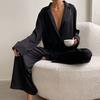 2 Pcs/Set Women Shirt Pants Set Homewear Suit Loose Lapel Long Sleeve Loose Solid Color Single-breasted Wide Leg Straight Soft