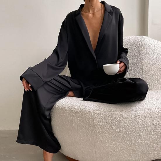 2 Pcs/Set Women Shirt Pants Set Homewear Suit Loose Lapel Long Sleeve Loose Solid Color Single-breasted Wide Leg Straight Soft