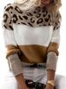 Women's Colorblock Leopard Print Round Neck Sweater - Long-Sleeved Casual Knit Pullover for Autumn/Winter.