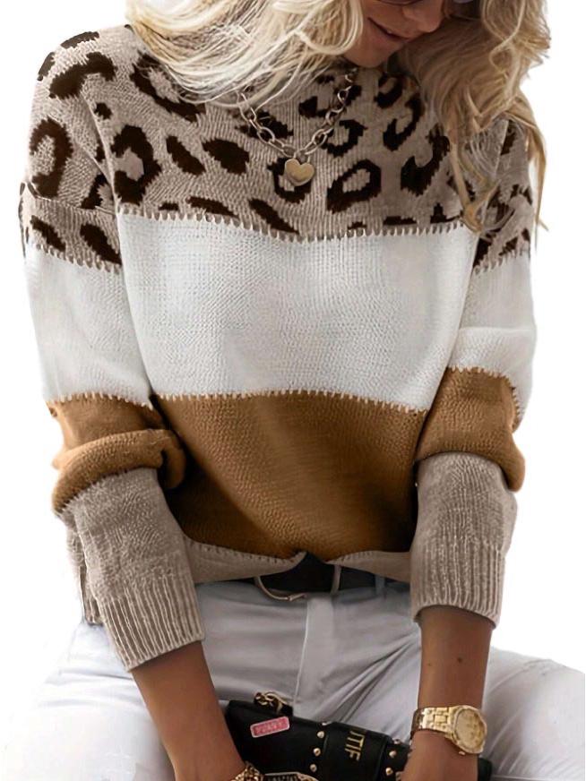 Women's Colorblock Leopard Print Round Neck Sweater - Long-Sleeved Casual Knit Pullover for Autumn/Winter.