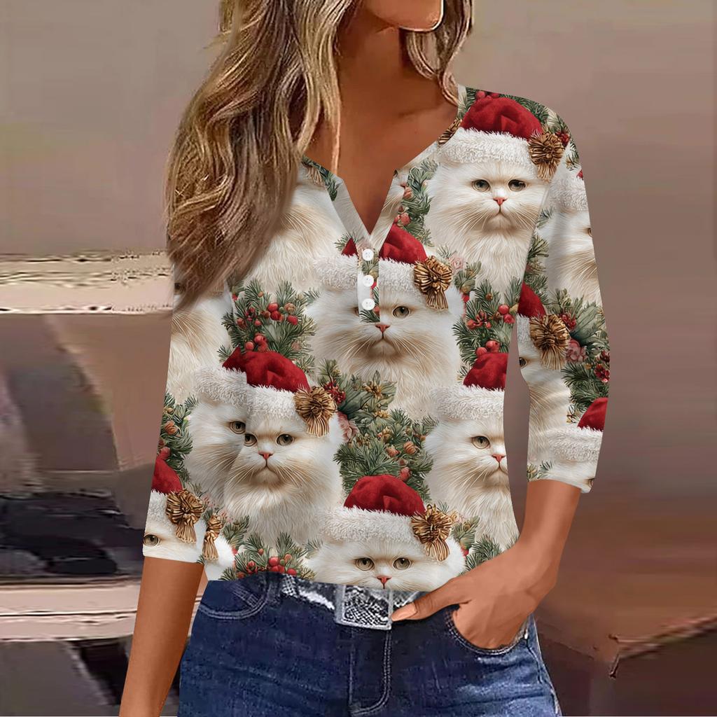 Women's Casual Fashion V-neck Loose Versatile Christmas Print Three-quarter Sleeve Top