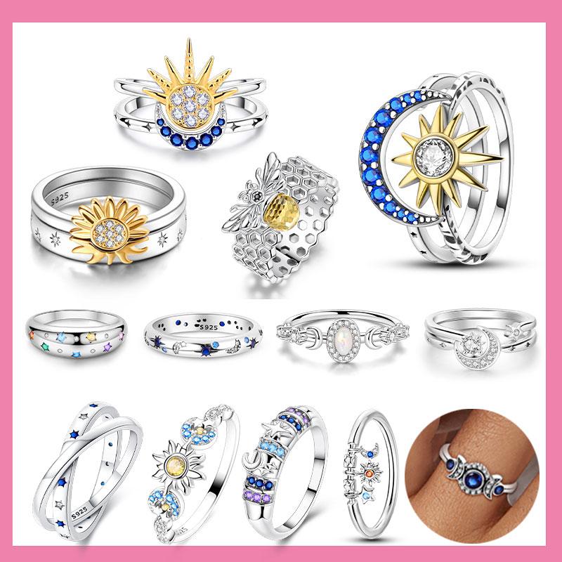 925 Silver Beautiful Stars and Moon Shining Sun Geometry Infinite Combination Ring Boutique Matching Gifts