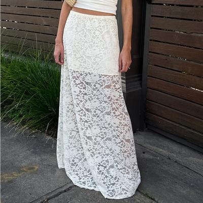 Women's Sexy White Lace Hollowed-out See-through Skirt Spring Summer High-waisted Jacquard A-line Skirt