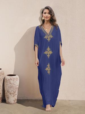 2024 elegante Gold Gestickte Kaftan Retro V-ausschnitt Weißes Kleid Plus Größe Frauen Kleidung Sommer Strand Tragen Badeanzug Cover Up