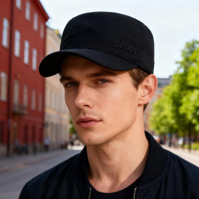 Mens Allseason Flat Top Cotton Hat With Embroidered Letters For Casual Sun Protection