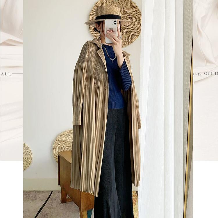 Women Pleated Trench Coat Long Loose Double Breasted Spring Autumn Fashion Versatile Pure Color Outerwear