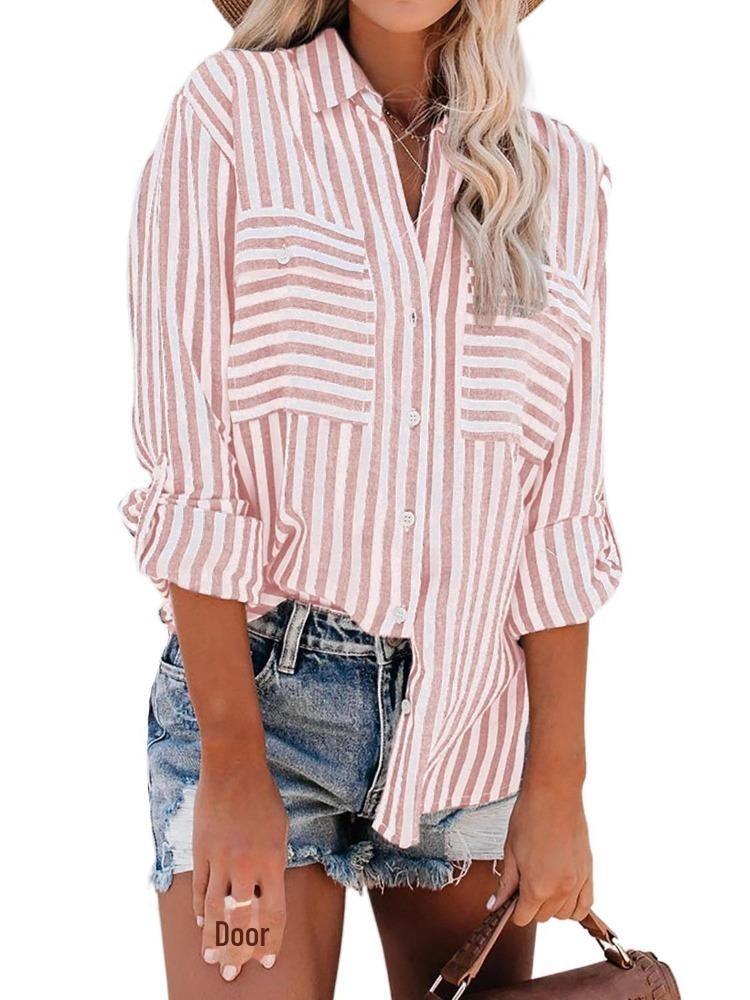 2024 Summer Women's Fashion Striped Long Sleeve Shirt Cotton Polyester Blend