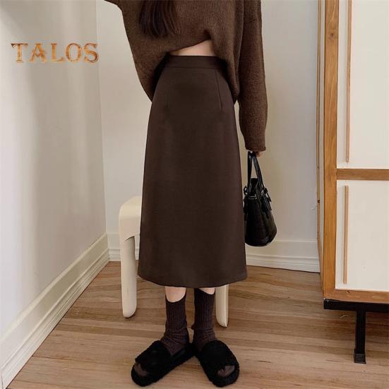 Women A-Line Skirt Elastic High Waist Solid Color Retro Slit Skirt Solid Autumn Winter Slimming Skirt
