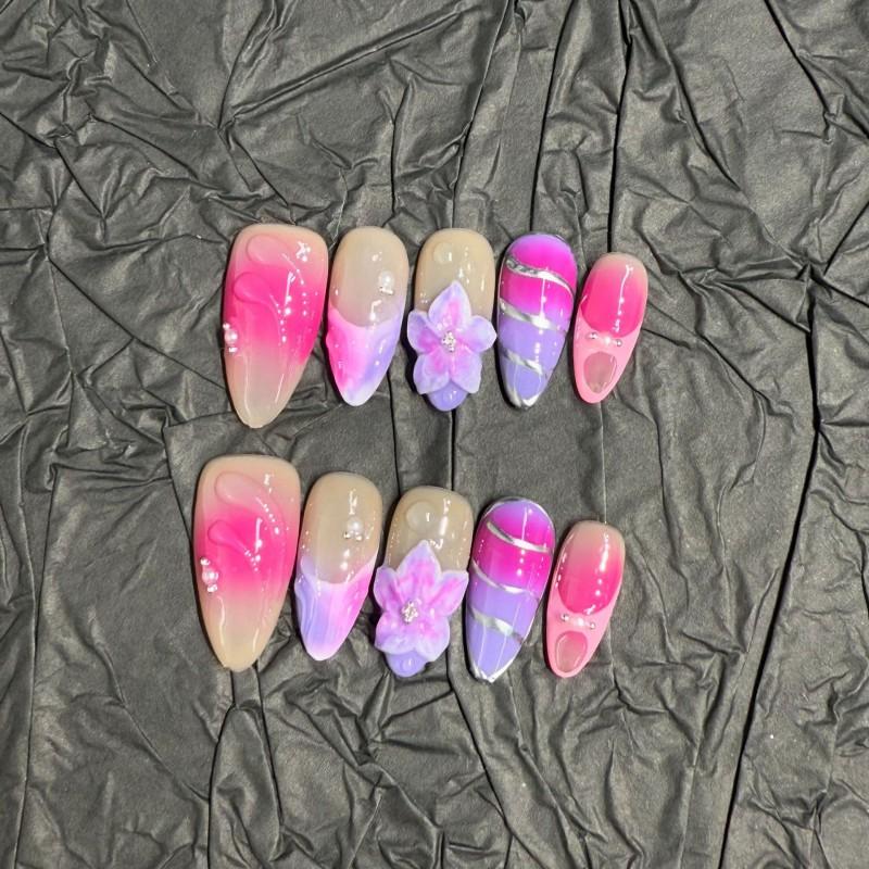 Handmade Press-On Nails Floral Design Women Stylish Wearable Nail Tips Extra Small
